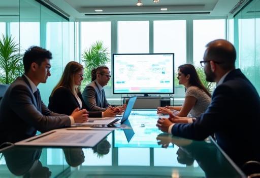 Team discussing project strategy in modern conference room