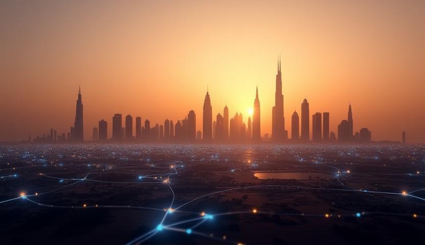 Dubai skyline with digital network overlay