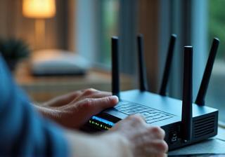 Technician setting up broadband router