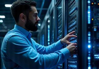 Engineer reviewing network server cabinets