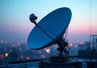 Satellite dish installation on urban rooftop